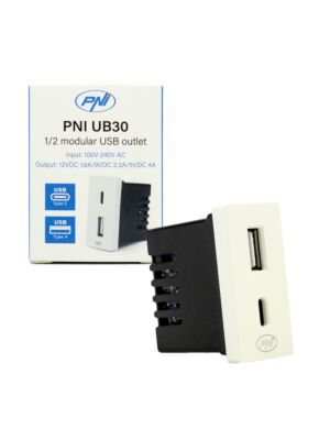 Utičnica 2 x USB PNI UB30, USB-A USB-C, 12V/9V/5V, max. 20W, modularni, tip F 1/2, ugradna montaža